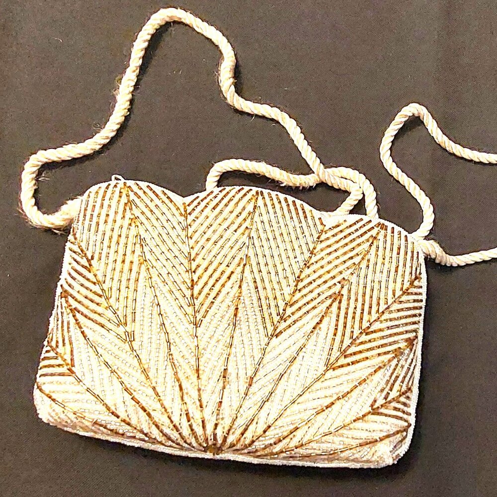 Womens Beaded Evening Purse Gold/White with Shoulder Strap Vintage